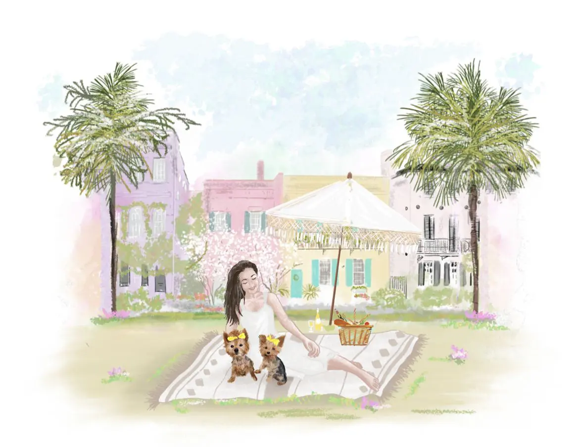 A watercolor illustration of a woman and her dog enjoying a picnic on a blanket.